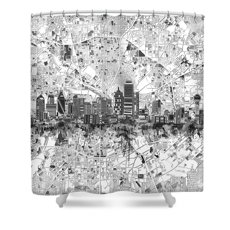 Dallas Shower Curtain featuring the painting Dallas Skyline Map Black And White 5 #1 by Bekim M