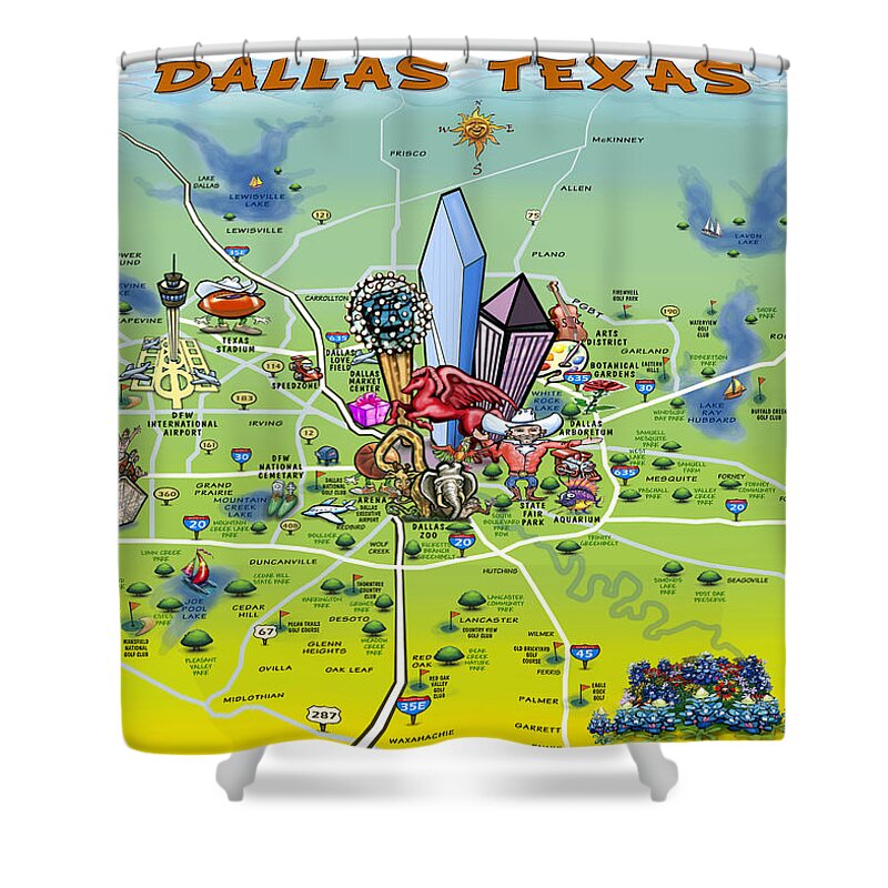 Dallas Shower Curtain featuring the painting Dallas Texas Cartoon Map #1 by Kevin Middleton