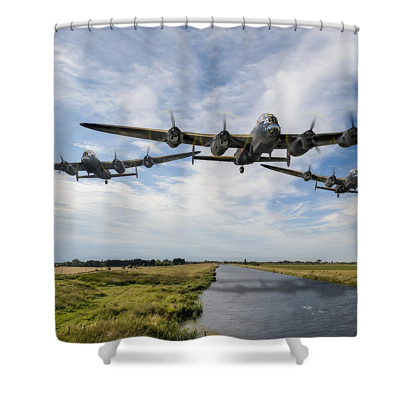617 Squadron Shower Curtain featuring the digital art Dambusters practising low level flying by Gary Eason
