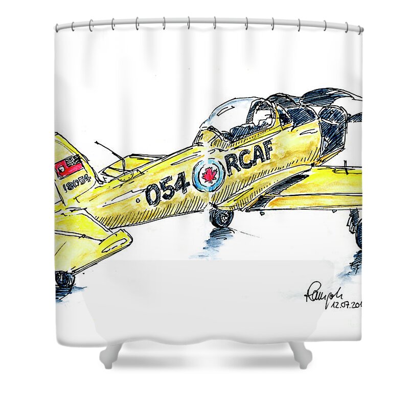 Aircraft Shower Curtain featuring the drawing De Havilland Canada DHC-1 Chipmunk Aircraft Ink Drawing and Wate by Frank Ramspott
