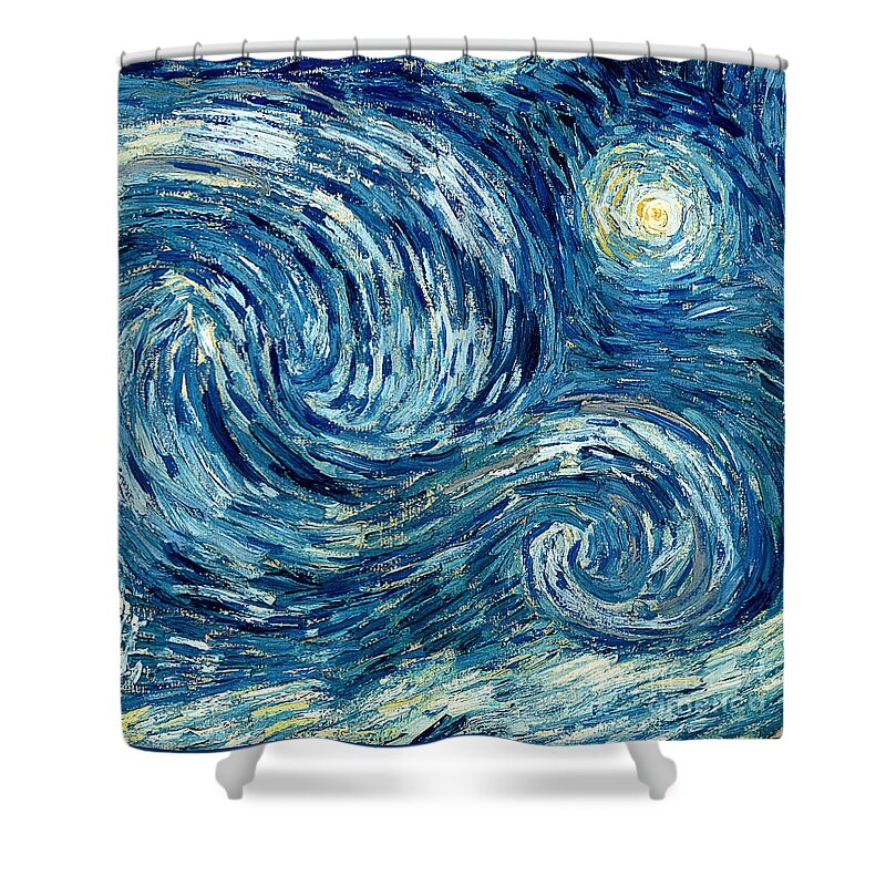 Post-impressionist; Stars; Star; Nocturne; Landscape; Church Spire; Moon; Moonlight; Tree; Sky Shower Curtain featuring the painting Detail of The Starry Night by Vincent Van Gogh