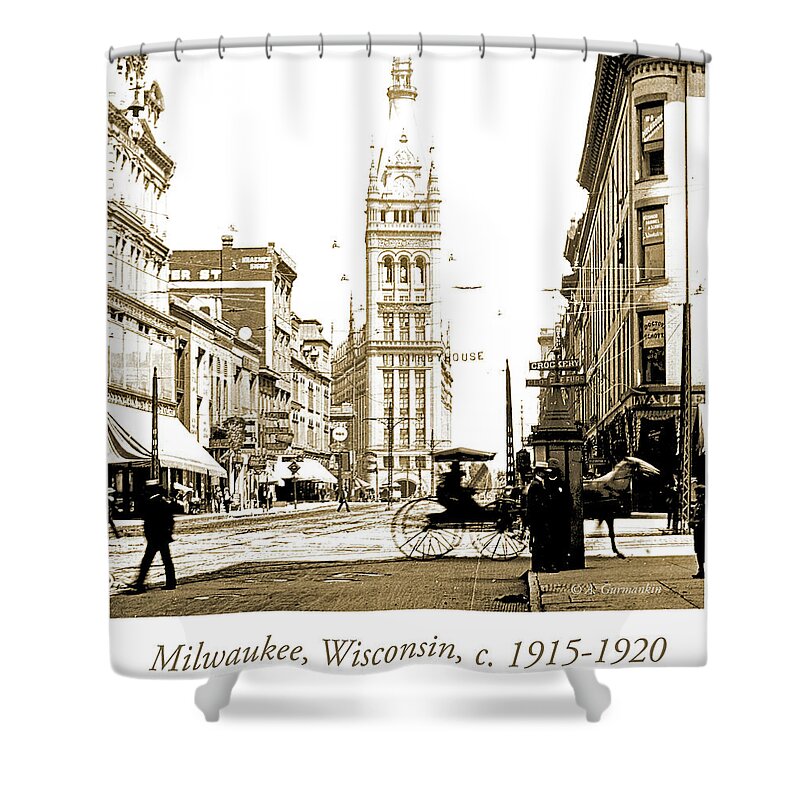 Documentary Shower Curtain featuring the photograph Downtown Milwaukee, c. 1915-1920, Vintage Photograph #3 by A Macarthur Gurmankin