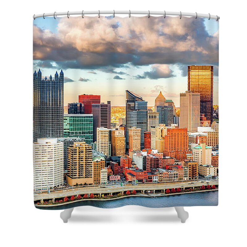 Aerial Shower Curtain featuring the photograph Downtown Pittsburgh #1 by Mihai Andritoiu
