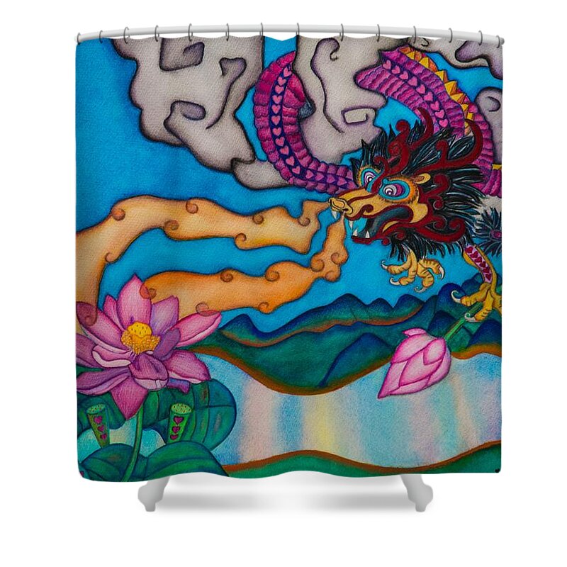 Dragon Shower Curtain featuring the painting Dragon Heart and Lotus Flower #1 by Lori Miller