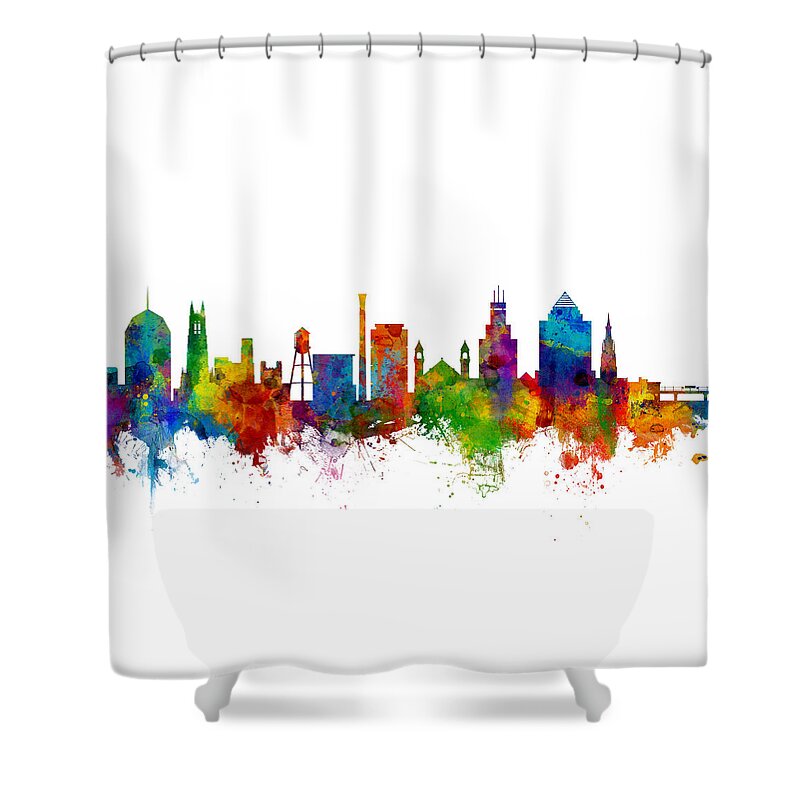 Durham Shower Curtain featuring the digital art Durham North Carolina Skyline by Michael Tompsett