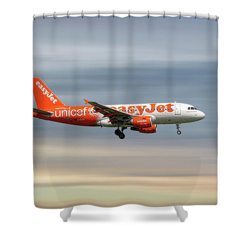 Easyjet Unicef Livery Shower Curtain featuring the mixed media EasyJet UNICEF Livery Airbus A319-111 #1 by Smart Aviation