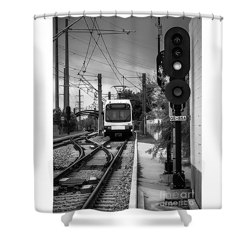 Electric Commuter Train Shower Curtain featuring the photograph Electric Commuter Train in BW by Imagery by Charly