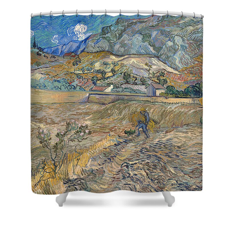 Country Shower Curtain featuring the painting Enclosed Wheat Field with Peasant #1 by Vincent van Gogh