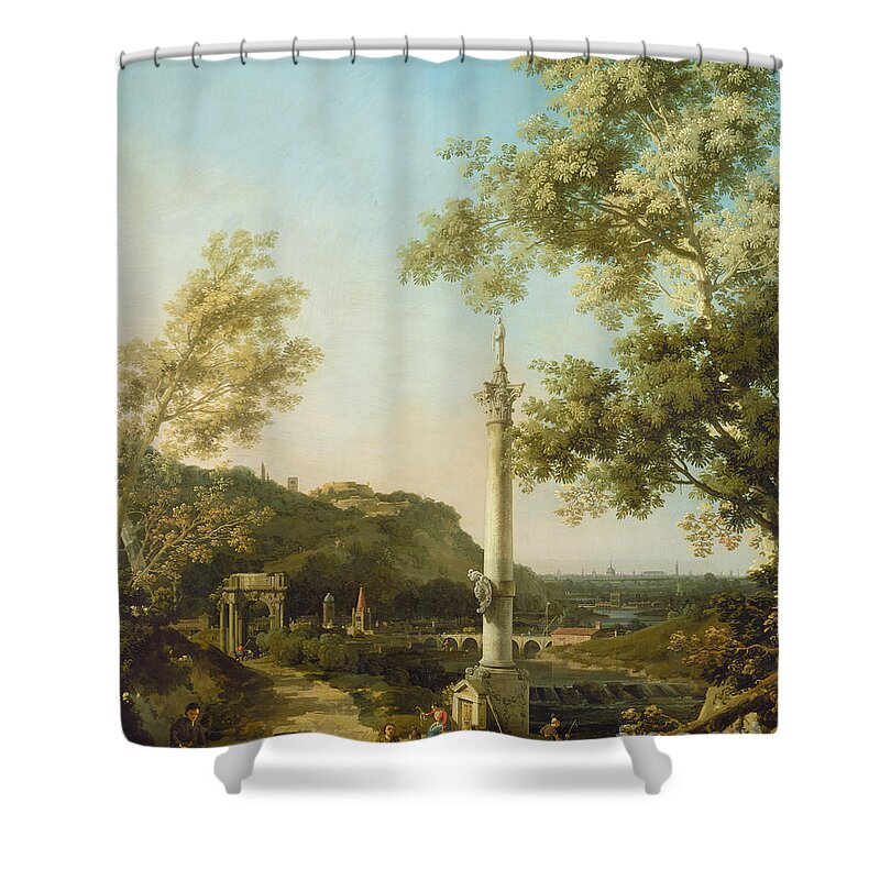 Canaletto Shower Curtain featuring the painting English Landscape Capriccio with a Column by Canaletto