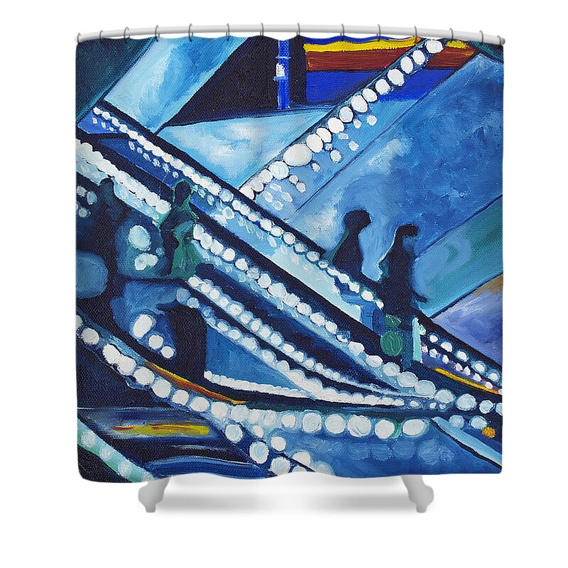 Night Scenes Shower Curtain featuring the painting Escalator Lights #1 by Patricia Arroyo