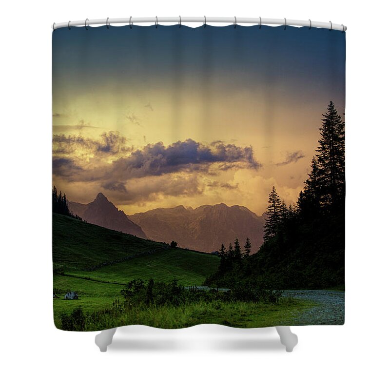Evening Shower Curtain featuring the photograph Evening in the Alps by Nailia Schwarz