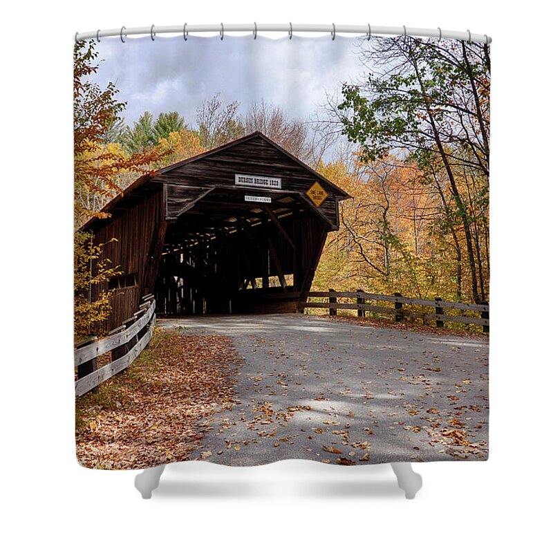 #jefffolger Shower Curtain featuring the photograph Fall colors over the Durgin Covered Bridge #1 by Jeff Folger