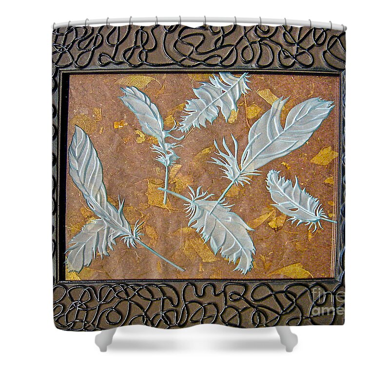 Brown Shower Curtain featuring the glass art Fall Feathers by Alone Larsen