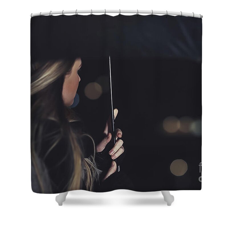Adult Shower Curtain featuring the photograph Female outdoors in rainy night #1 by Anna Om