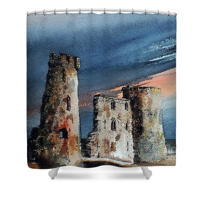  Shower Curtain featuring the painting Ferns Castle, Wexford #1 by Val Byrne