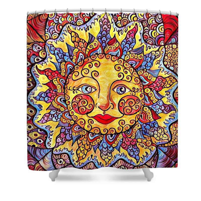 Sun Shower Curtain featuring the digital art Fiesta Sun #2 by Megan Walsh