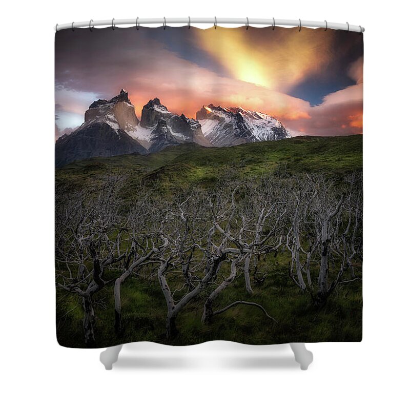 Paine Massif Shower Curtain featuring the photograph Fire in the Sky by Nicki Frates