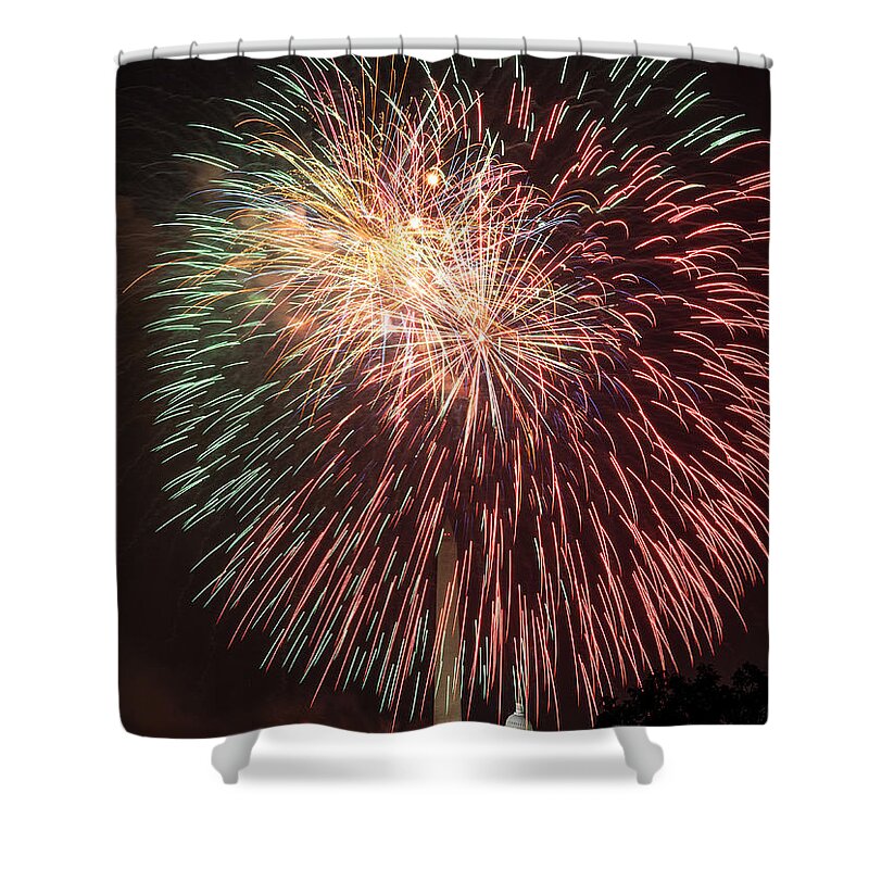 4th July Shower Curtain featuring the photograph Fireworks over Washington DC on July 4th #1 by Steven Heap