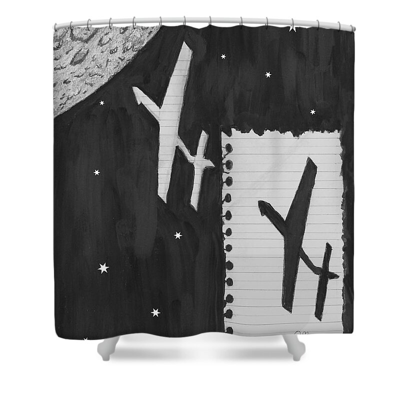 Paper Shower Curtain featuring the drawing Fly Me to the Moon #1 by Quwatha Valentine