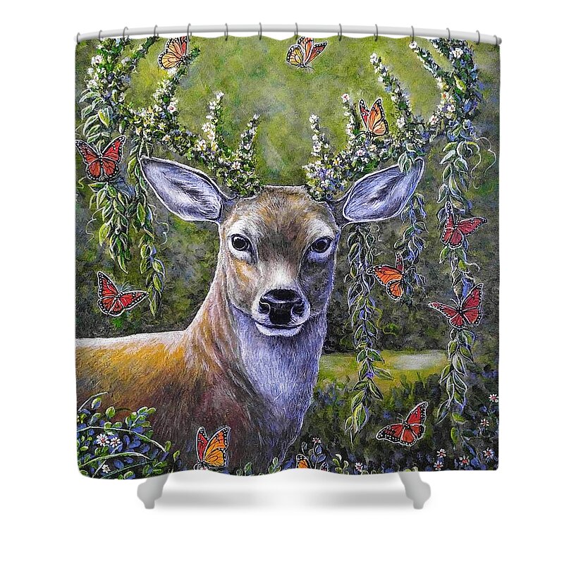 Deer Stag Forest Nature Butterfly Shower Curtain featuring the painting Forest Monarch #1 by Gail Butler