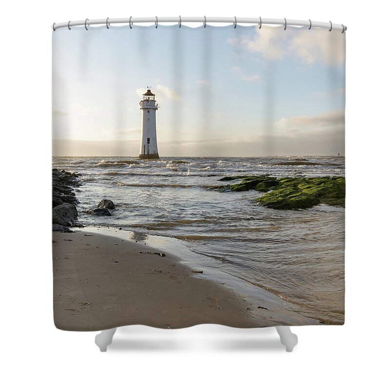 Beach Shower Curtain featuring the photograph Fort Perch Lighthouse in the Tide #1 by Spikey Mouse Photography