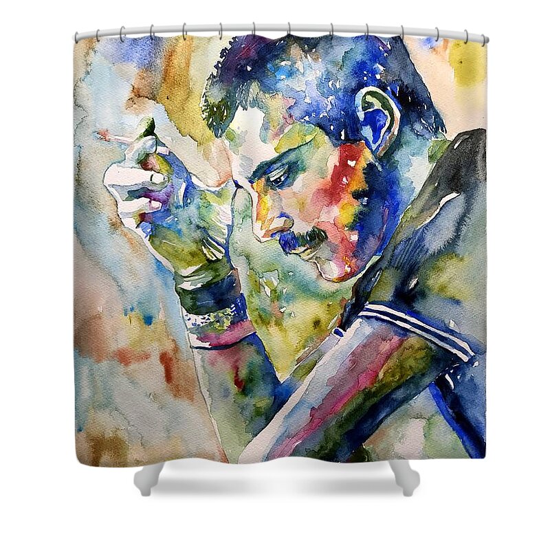 Freddie Shower Curtain featuring the painting Freddie Mercury watercolor by Suzann Sines