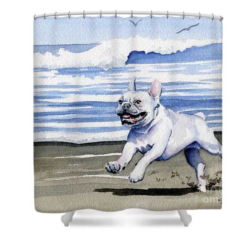 French Shower Curtain featuring the painting French Bulldog at the Beach by David Rogers