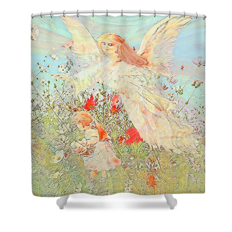 Guardian Angel Shower Curtain featuring the mixed media Gathering Flowers #1 by Amelia Carrie