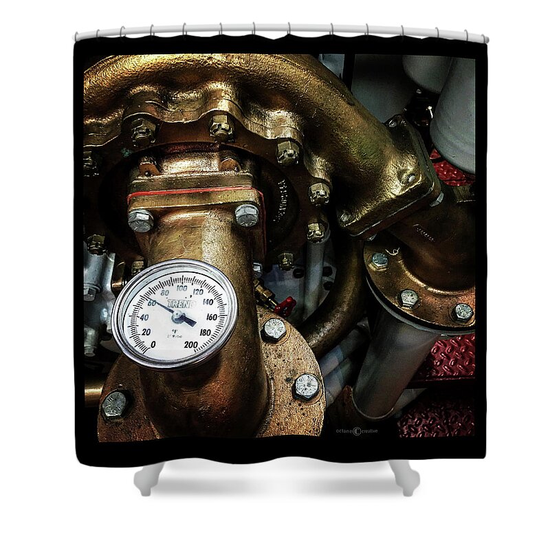 Gauge In The Engine Room Of The Purves Tug Boat At The Door County (wisconsin) Maritime Museum Shower Curtain featuring the photograph Gauge #1 by Tim Nyberg