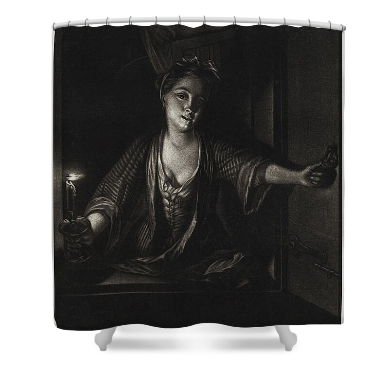 Mezzotint Shower Curtain featuring the painting Girl with a Candle #1 by John Greenwood after Nicolaas Verkolje