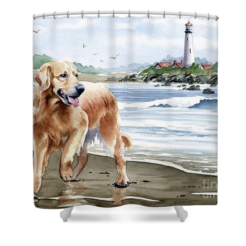 Golden Shower Curtain featuring the painting Golden Retriever at the Beach by David Rogers