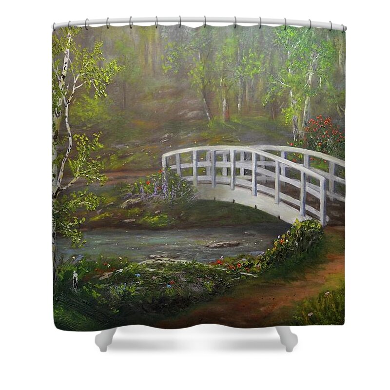 Bridge Shower Curtain featuring the painting Hideaway by Michael Mrozik