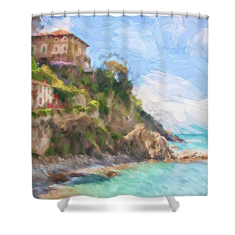 Tuscany Shower Curtain featuring the digital art Houses on the rocks by Patricia Hofmeester