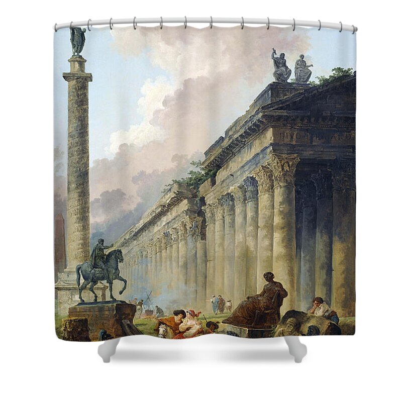 Hubert Robert Shower Curtain featuring the painting Imaginary View of Rome with Equestrian Statue of Marcus Aurelius, the Column of Trajan and a Temple by Hubert Robert