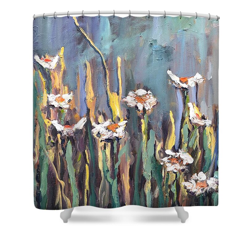 Floral Shower Curtain featuring the painting Impasto Daisies by Donna Tuten