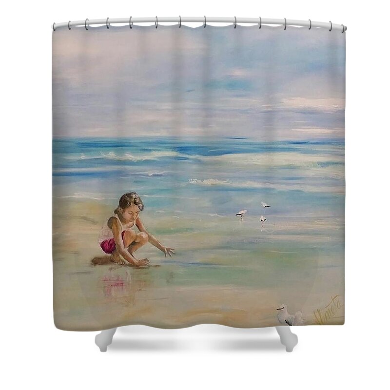Beachscape Shower Curtain featuring the painting In a World of her Own #1 by Almeta Lennon