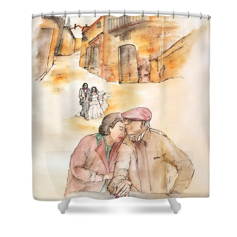Italy. Love. Old Age. Marriage Shower Curtain featuring the painting Italy Love Life And Linguini Album #1 by Debbi Saccomanno Chan