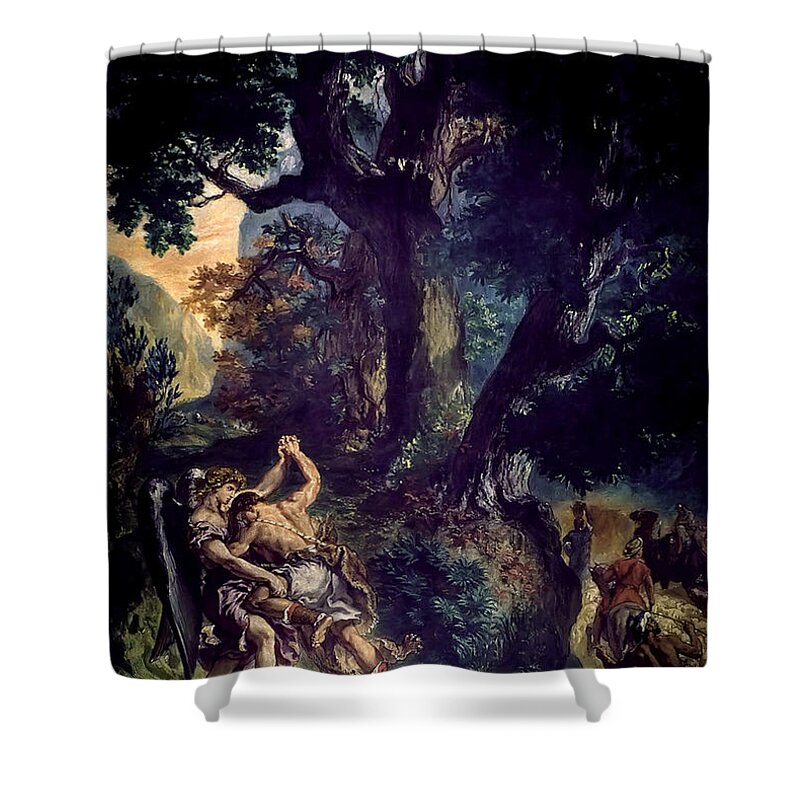 Eugene Delacroix Shower Curtain featuring the painting Jacob Wrestling The Angel by Troy Caperton
