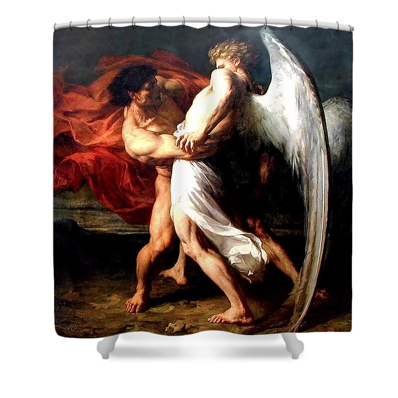 Jacob Shower Curtain featuring the painting Jacob Wrestling With The Angel by Alexander Louis Leloir