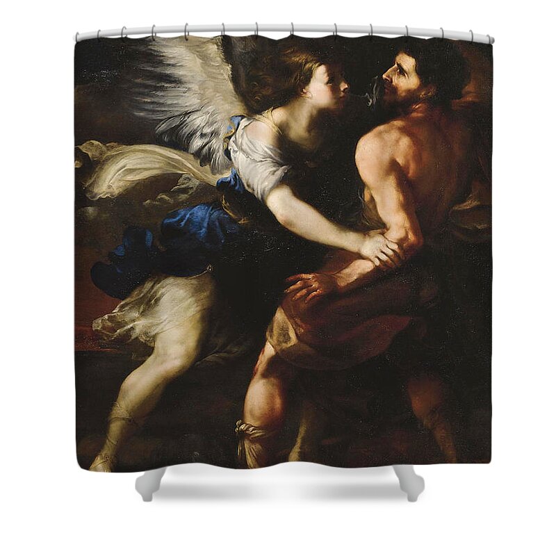 Luca Giordano Shower Curtain featuring the painting Jacob wrestling with the Angel #1 by Luca Giordano