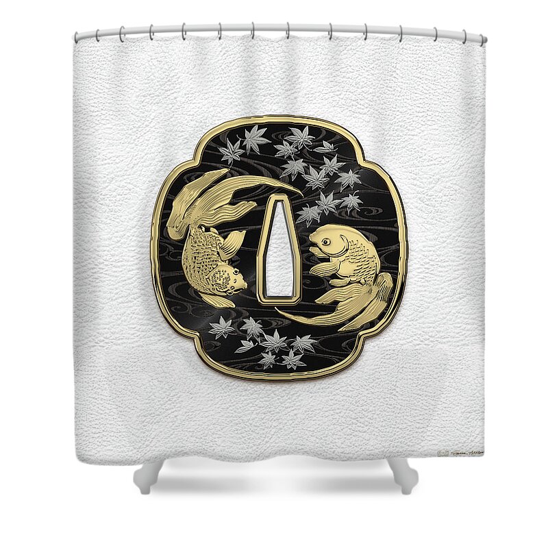 'treasures Of Japan' Collection By Serge Averbukh Shower Curtain featuring the photograph Japanese Katana Tsuba - Twin Gold Fish on Black Steel over White Leather by Serge Averbukh