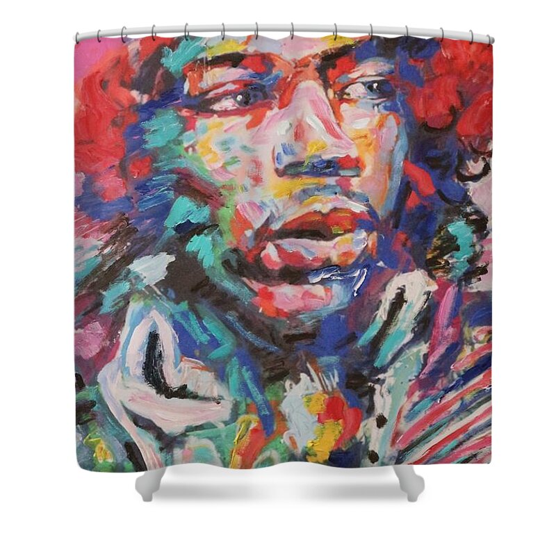 Rock Star Shower Curtain featuring the painting Jimi Hendrix #1 by Sam Shaker