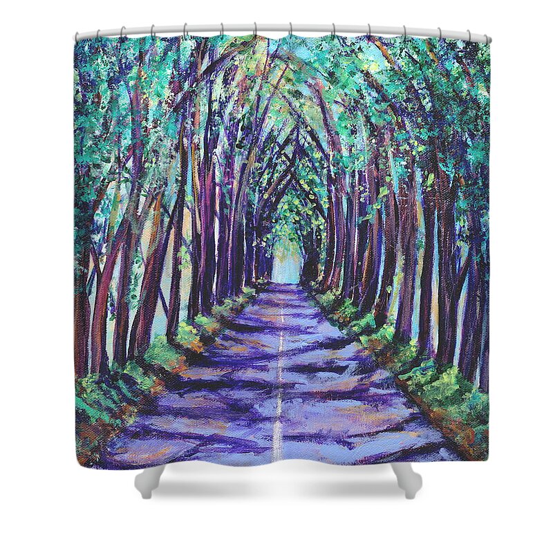 Kauai Tree Tunnel Shower Curtain featuring the painting Kauai Tree Tunnel by Marionette Taboniar