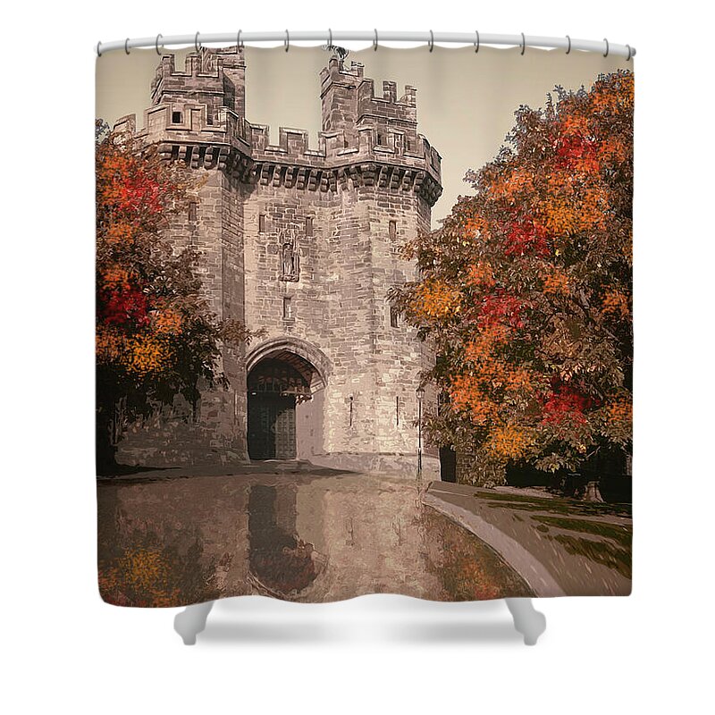 Lancaster Castle Shower Curtain featuring the digital art Lancaster Castle 2 mini by Joe Tamassy