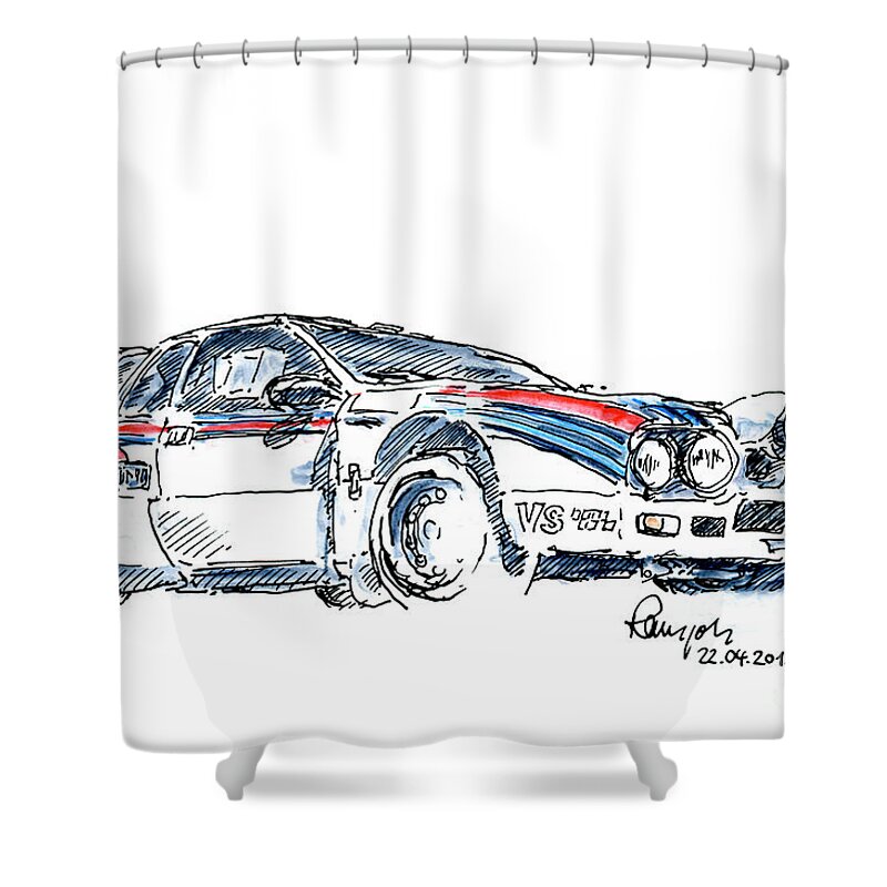 Lancia Shower Curtain featuring the drawing Lancia Rallye 037 Group B Fountain Pen Ink Drawing by Frank Ramspott