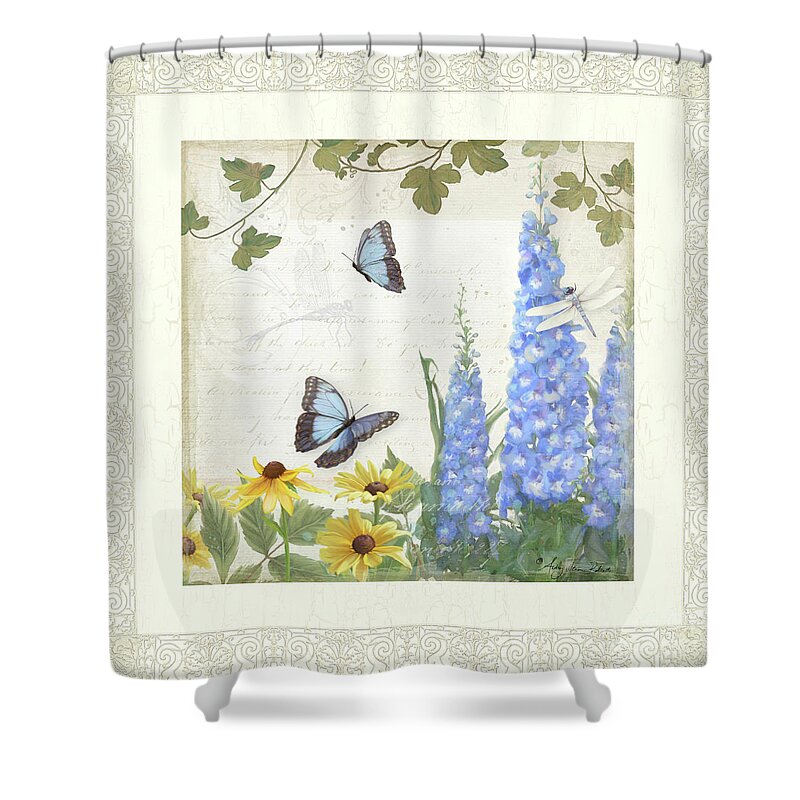 E Petit Jardin Shower Curtain featuring the painting Le Petit Jardin 1 - Garden Floral w Butterflies, Dragonflies, Daisies and Delphinium by Audrey Jeanne Roberts