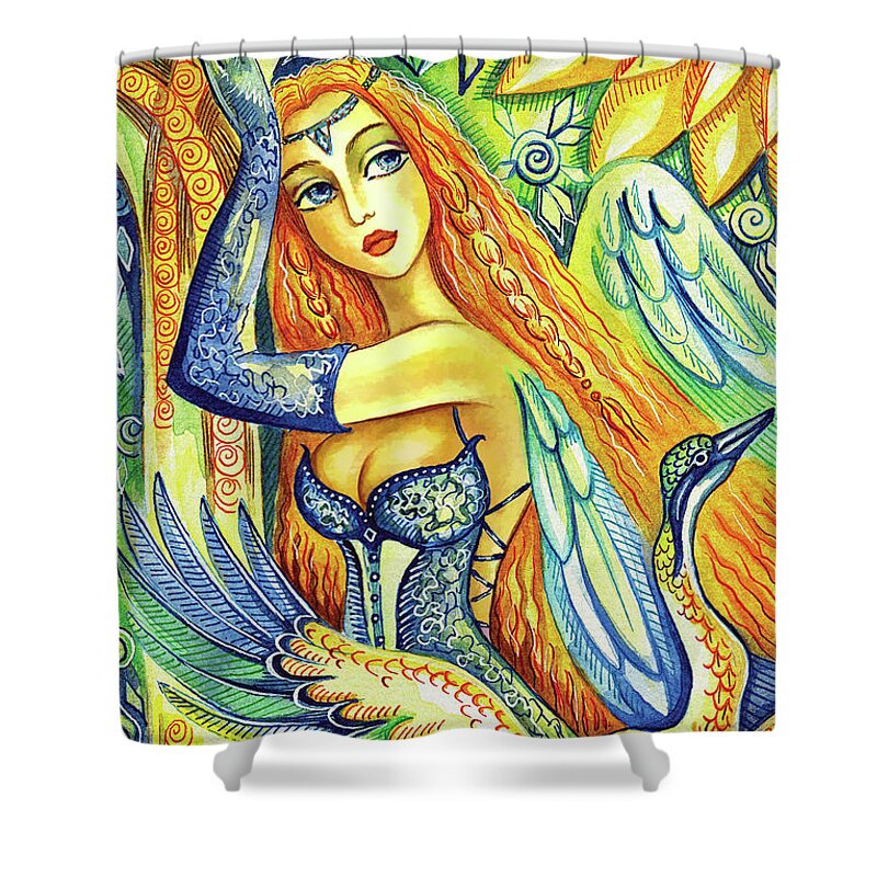 Bird Fairy Shower Curtain featuring the painting Fairy Leda and the Swan by Eva Campbell