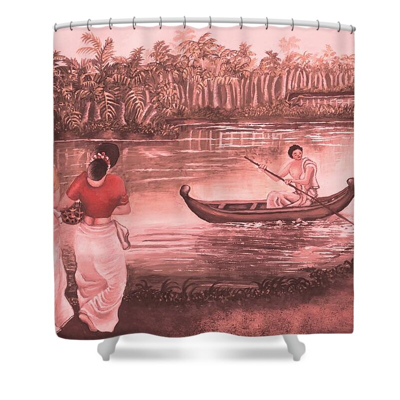 India Shower Curtain featuring the painting Backwater tropical village Scene by Tara Krishna