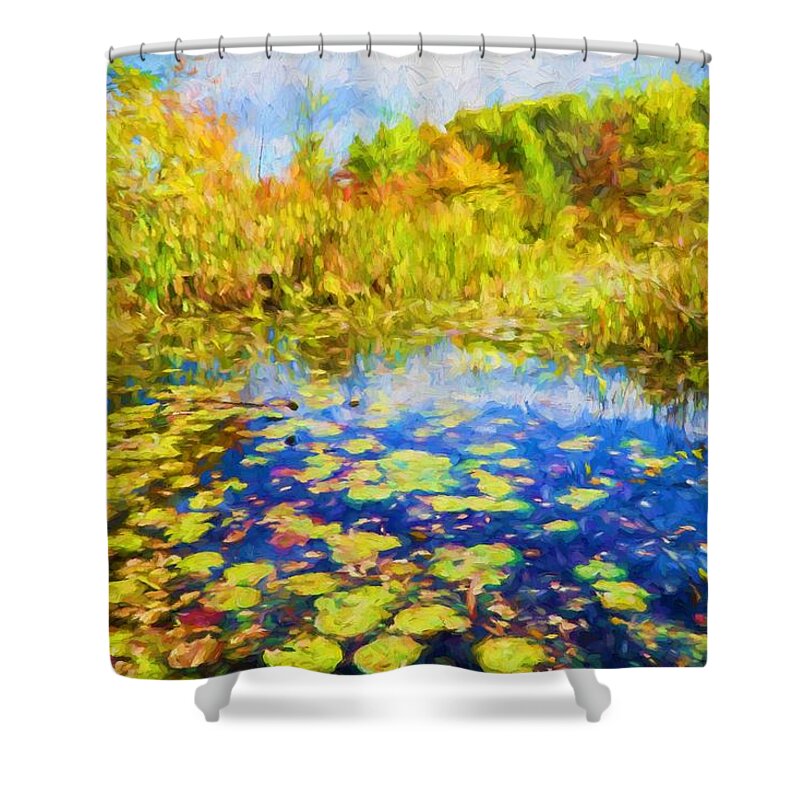 Autumn Shower Curtain featuring the painting Lily Pond #1 by Lilia S
