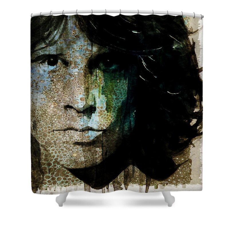 Jim Morrison Shower Curtain featuring the mixed media Lizard King / Jim Morrison by Paul Lovering